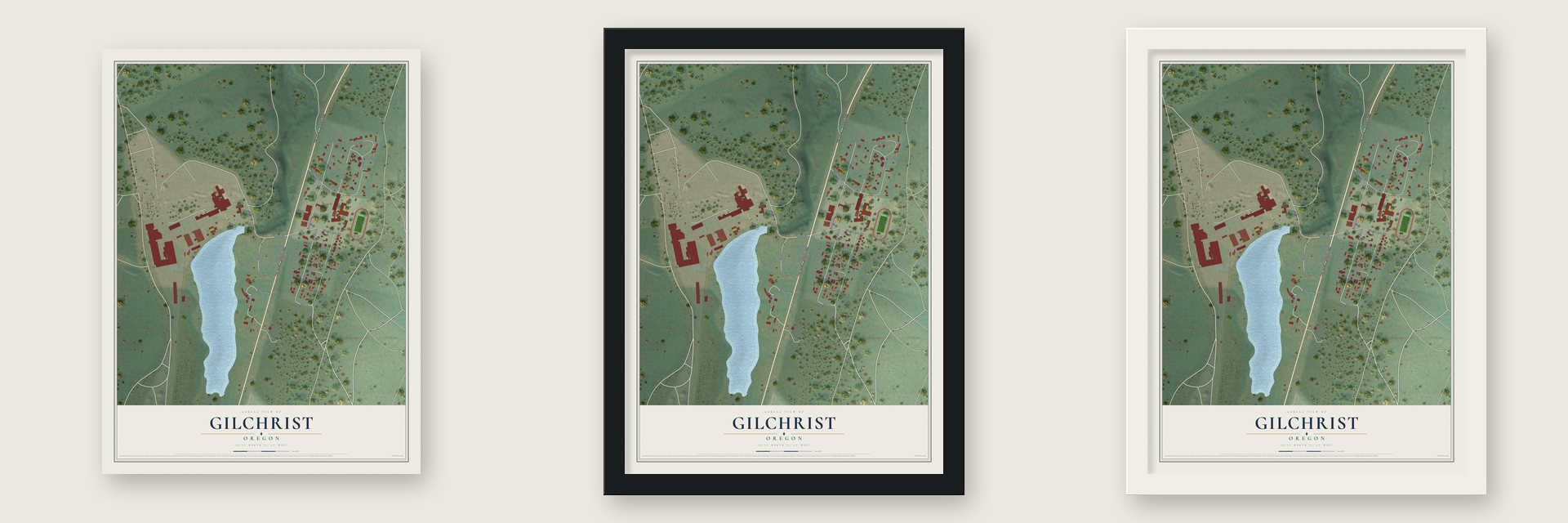 Gilchrist, Oregon map unframed, in a black wood frame and in a white wood frame