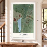 Gilchrist, Oregon map, 24 x 36 inch print in a white frame by a staircase