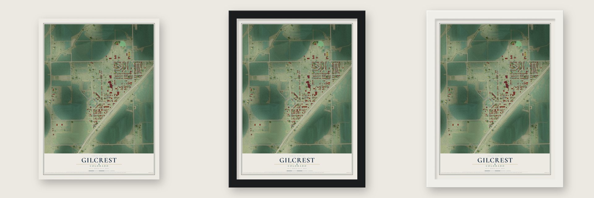 Gilcrest, Colorado map unframed, in a black wood frame and in a white wood frame