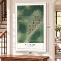 Gilcrest, Colorado map, 24 x 36 inch print in a white frame by a staircase