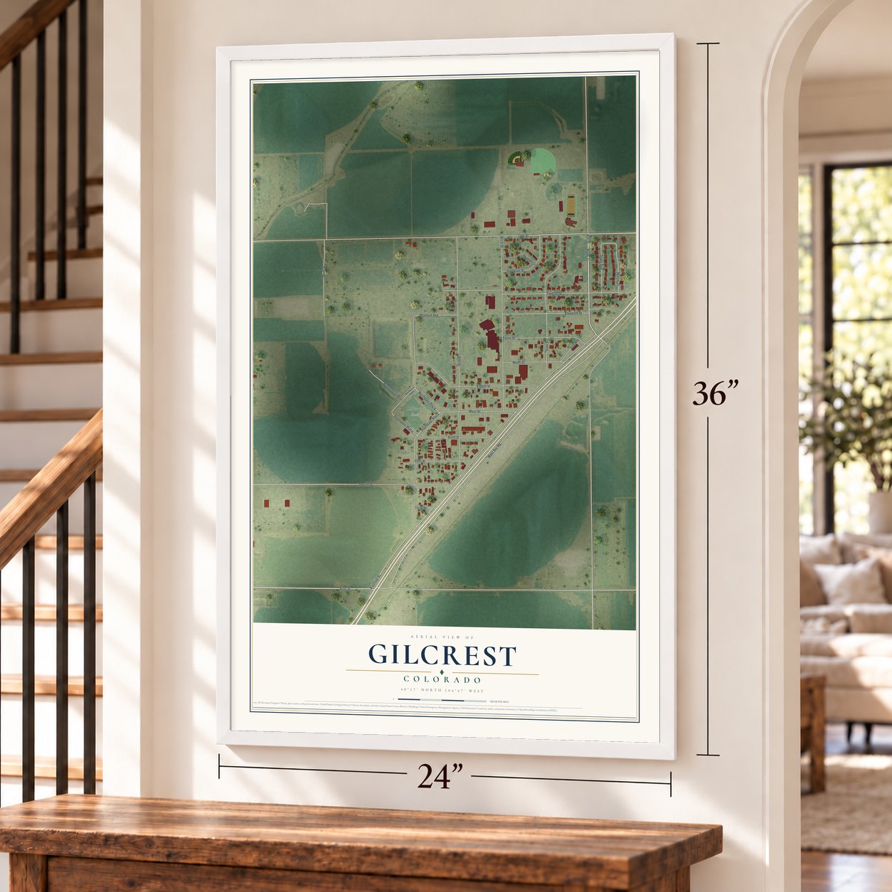 Gilcrest, Colorado map, 24 x 36 inch print in a white frame by a staircase