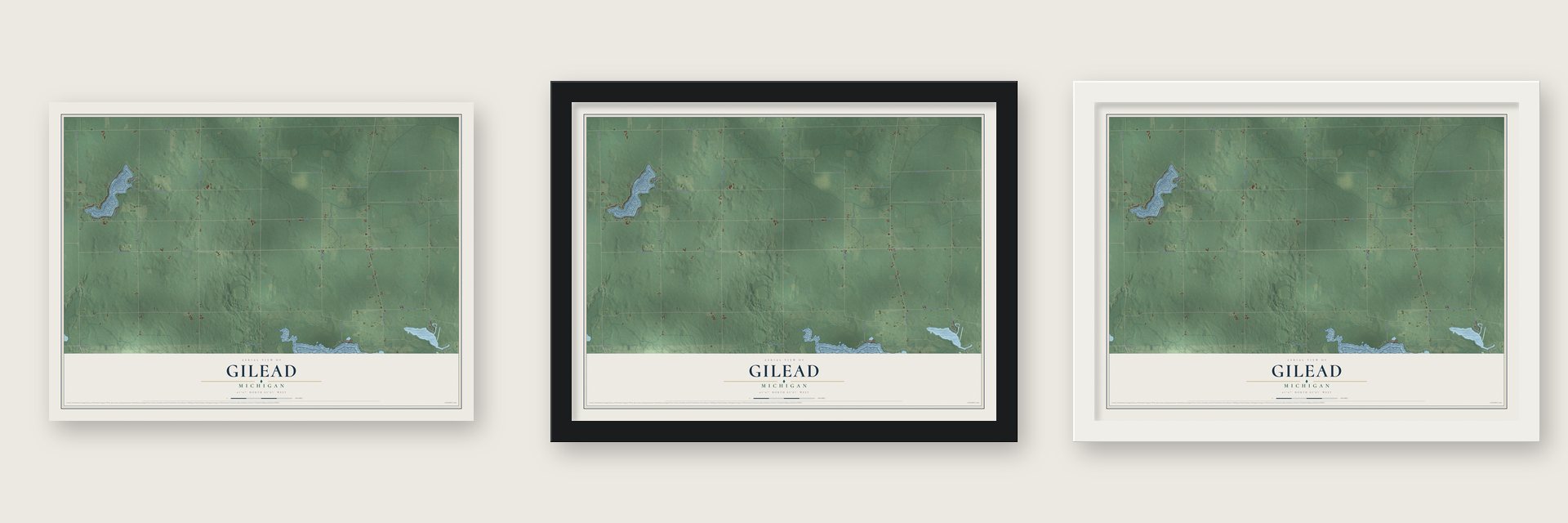 Gilead, Michigan map unframed, in a black wood frame and in a white wood frame