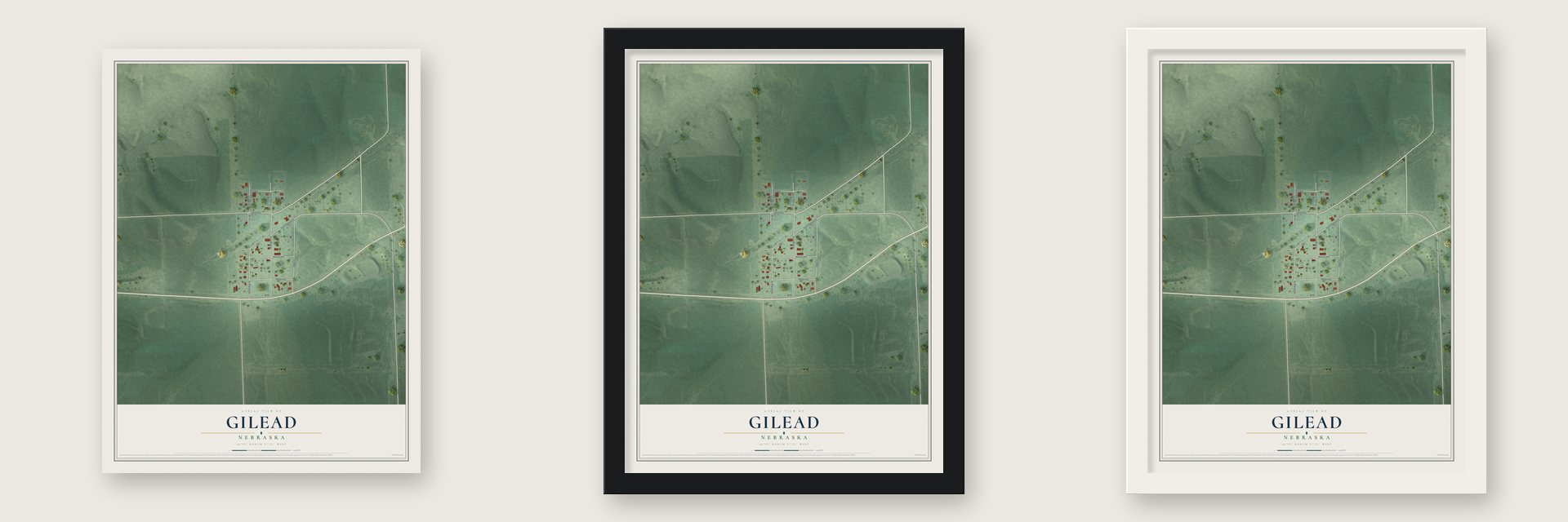 Gilead, Nebraska map unframed, in a black wood frame and in a white wood frame