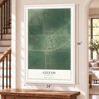 Gilead, Nebraska map, 24 x 36 inch print in a white frame by a staircase