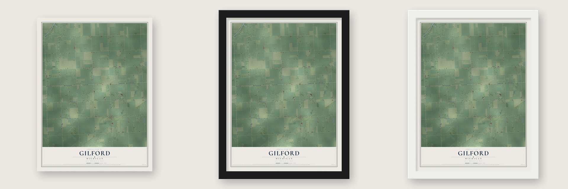 Gilford, Michigan map unframed, in a black wood frame and in a white wood frame