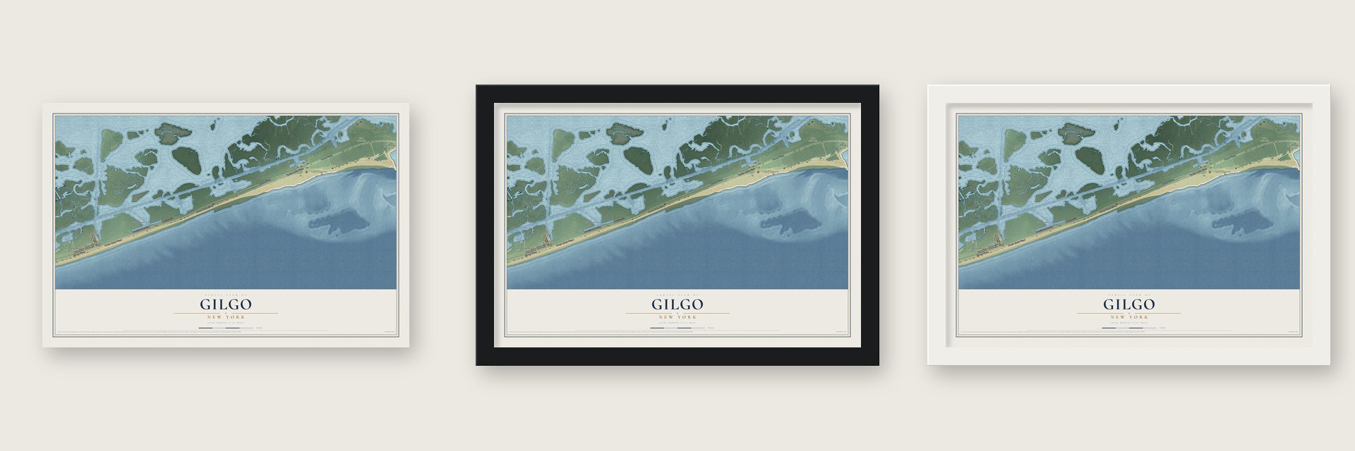 Gilgo, New York map unframed, in a black wood frame and in a white wood frame