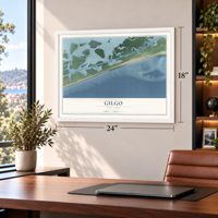 Gilgo, New York map, 18 x 24 inch print in a white frame in a home office