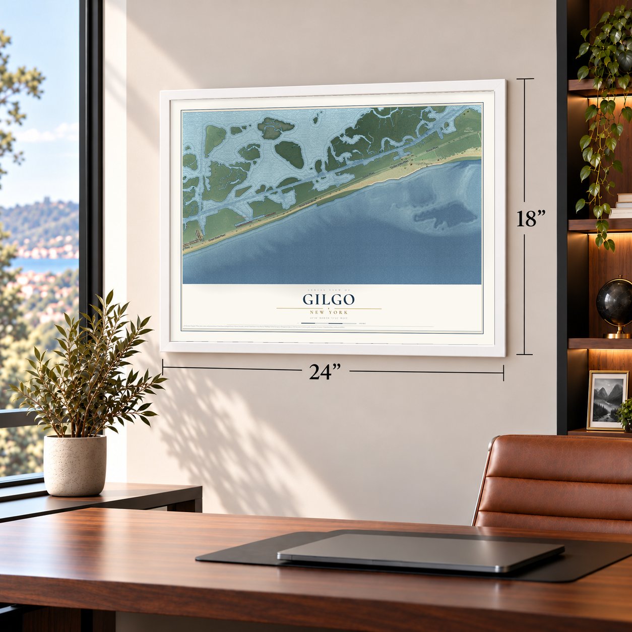 Gilgo, New York map, 18 x 24 inch print in a white frame in a home office