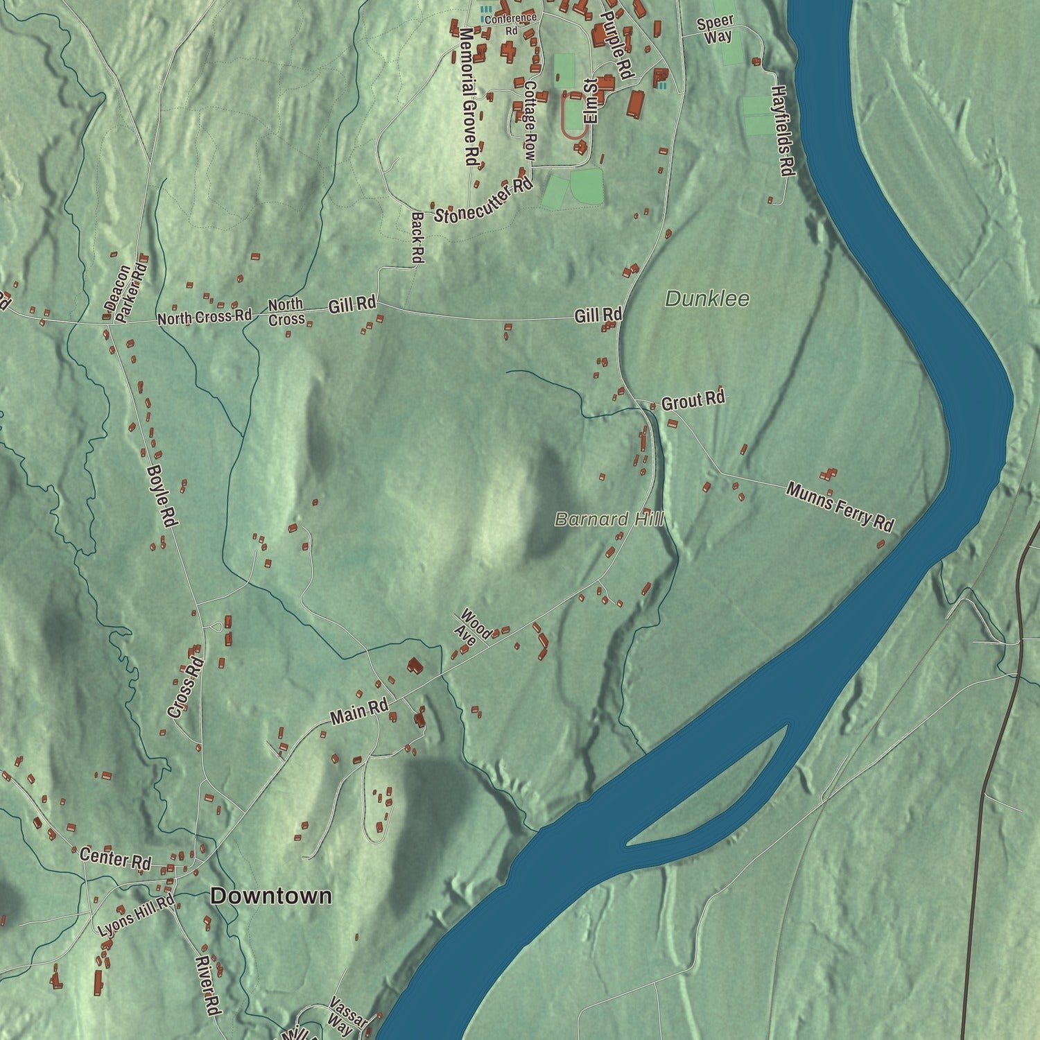 Close-up of the map of Gill, Massachusetts print showing terrain and local geography