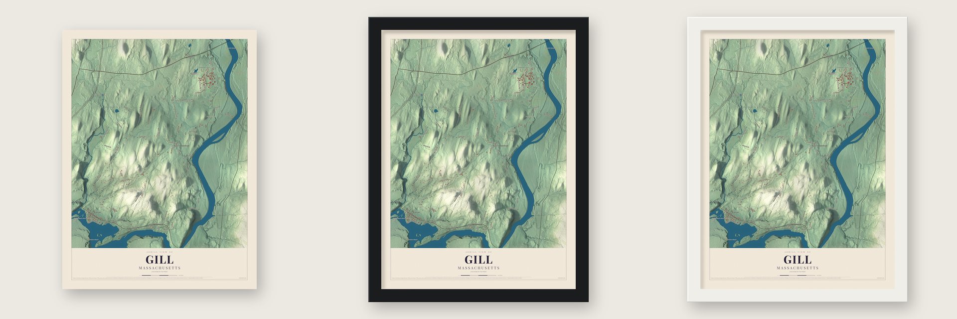 Gill, Massachusetts map unframed, in a black wood frame and in a white wood frame