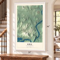 Gill, Massachusetts map, 24 x 36 inch print in a white frame by a staircase
