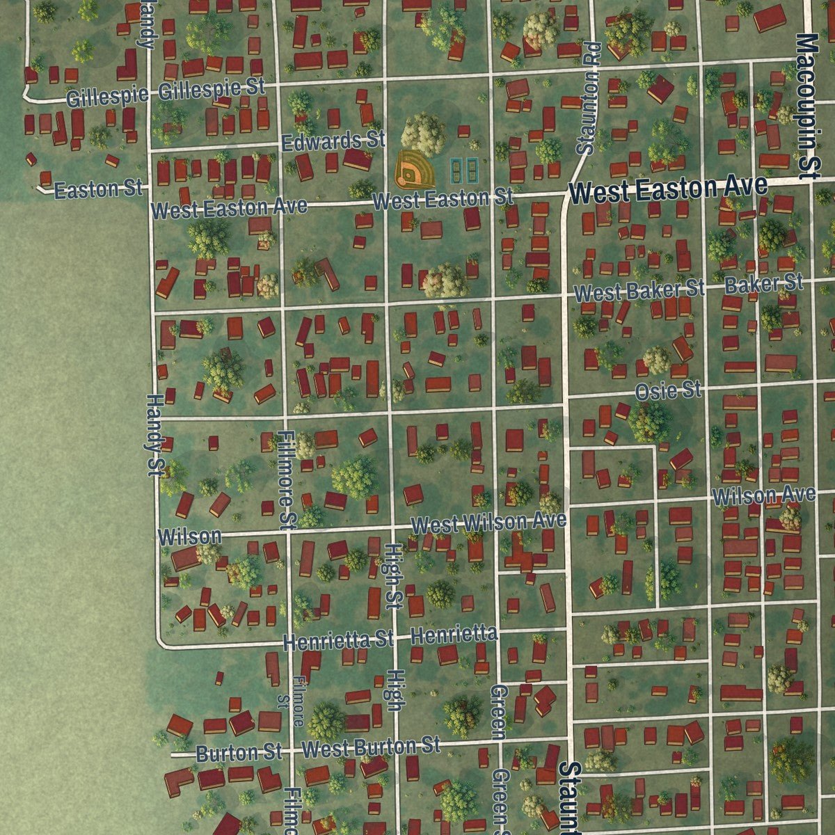 Second close-up of the map of Gillespie, Illinois print showing more streets and buildings