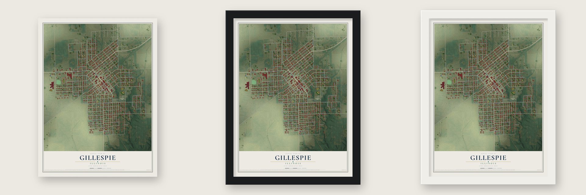 Gillespie, Illinois map unframed, in a black wood frame and in a white wood frame