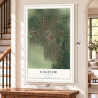 Gillespie, Illinois map, 24 x 36 inch print in a white frame by a staircase