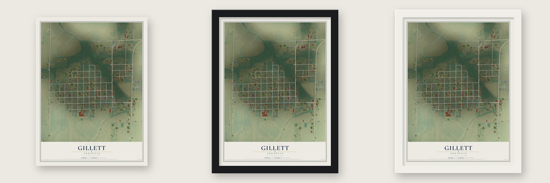 Gillett, Arkansas map unframed, in a black wood frame and in a white wood frame