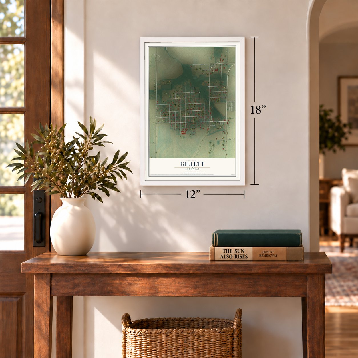Gillett, Arkansas map, 12 x 18 inch print in a white frame in an entryway