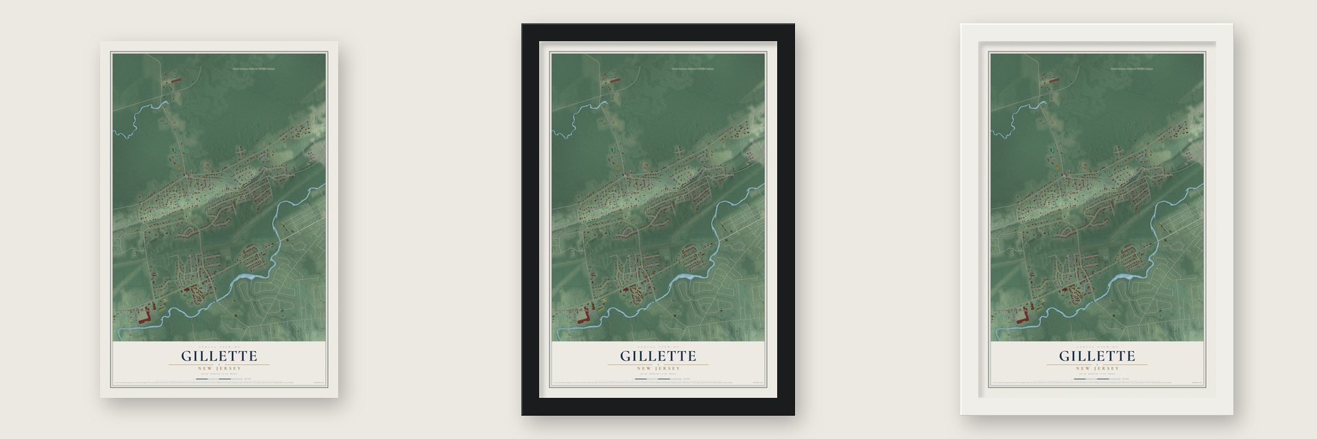 Gillette, New Jersey map unframed, in a black wood frame and in a white wood frame