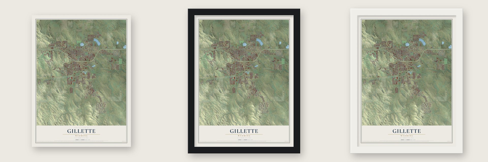 Gillette, Wyoming map unframed, in a black wood frame and in a white wood frame