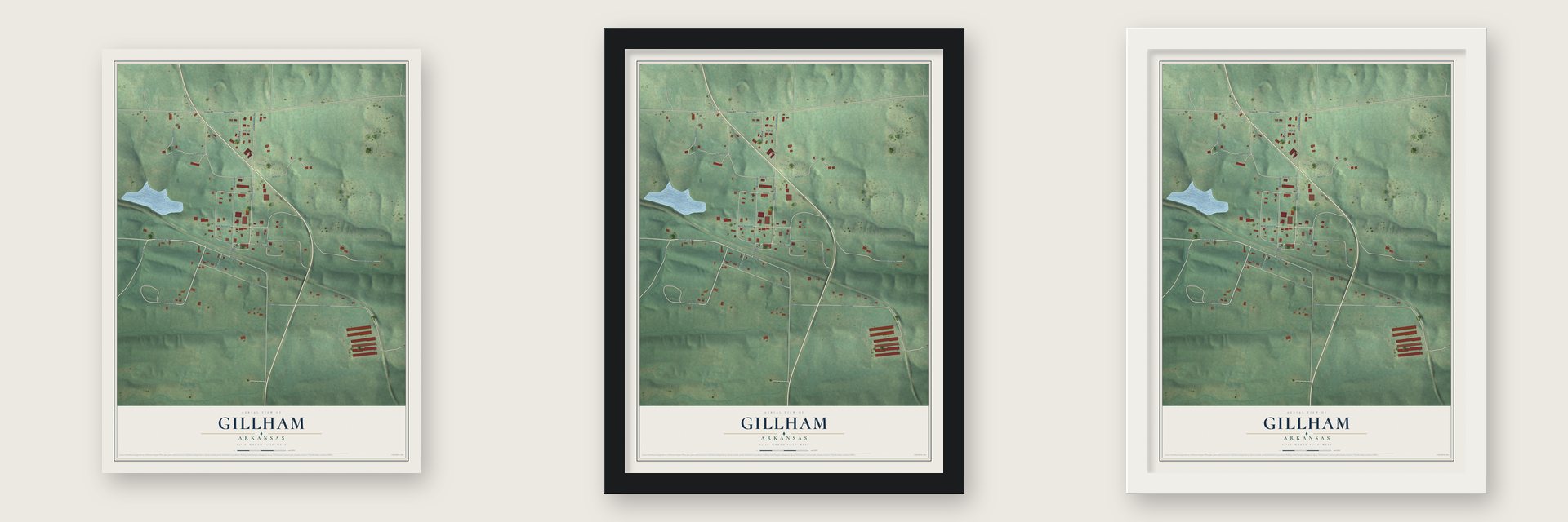 Gillham, Arkansas map unframed, in a black wood frame and in a white wood frame