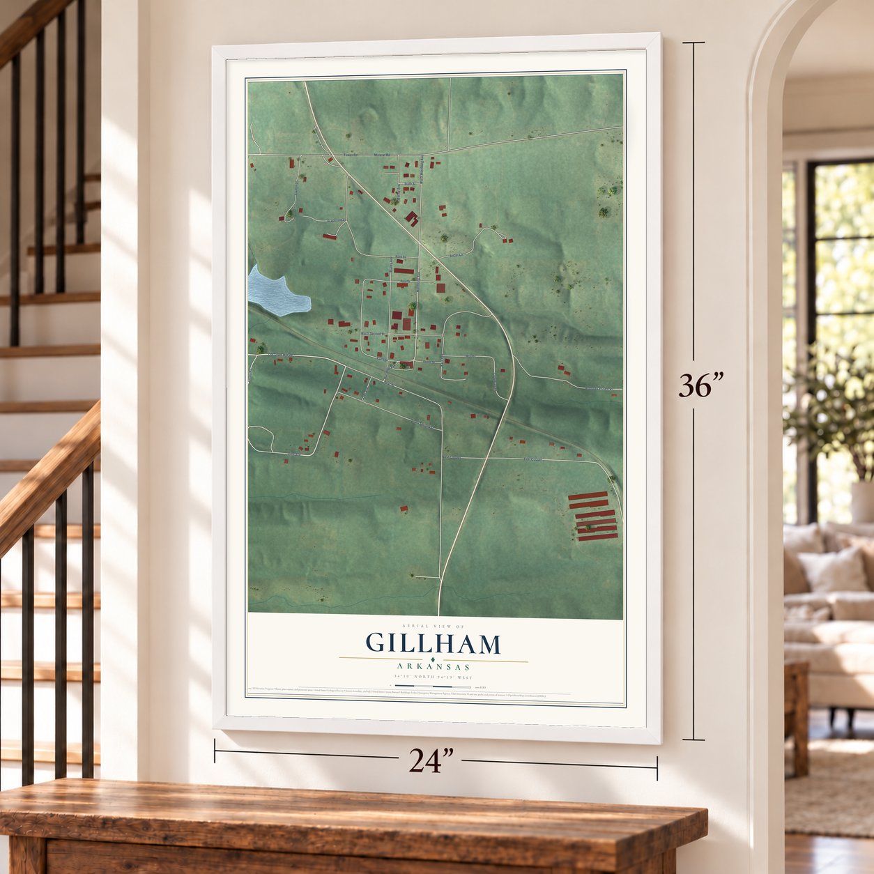 Gillham, Arkansas map, 24 x 36 inch print in a white frame by a staircase