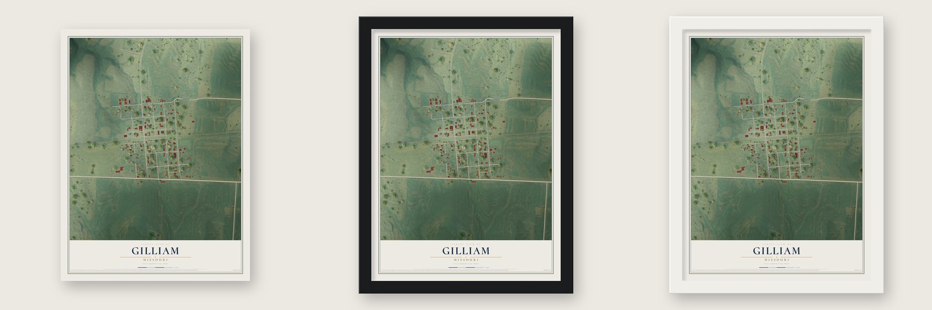 Gilliam, Missouri map unframed, in a black wood frame and in a white wood frame