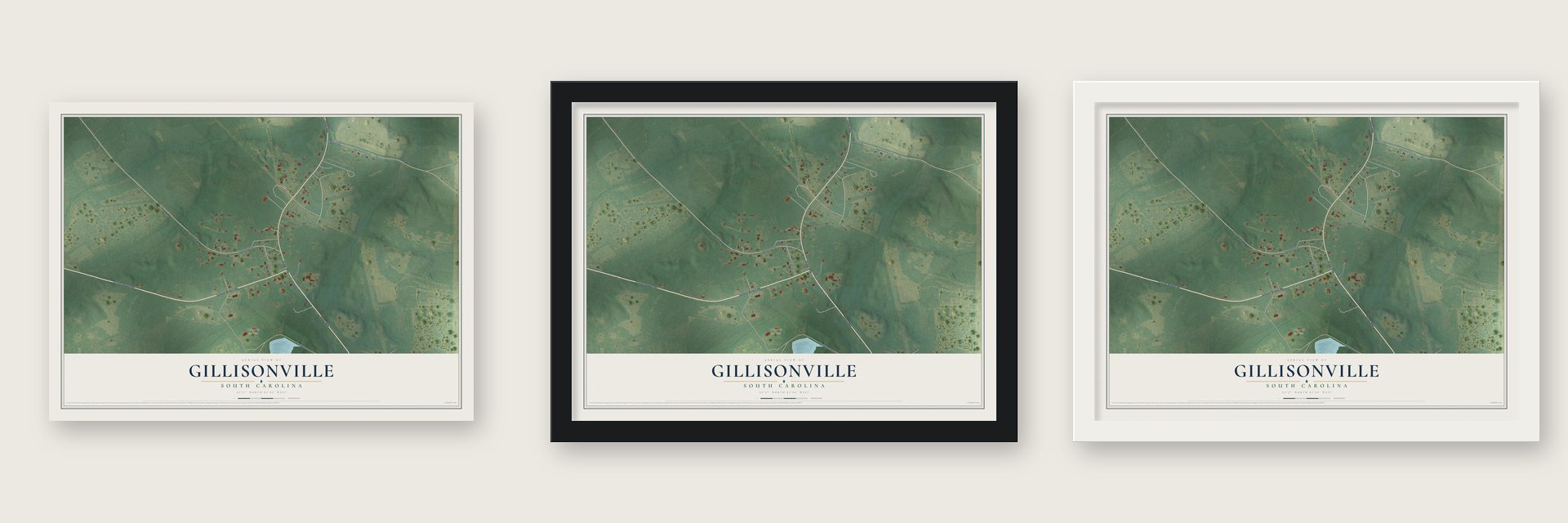 Gillisonville, South Carolina map unframed, in a black wood frame and in a white wood frame