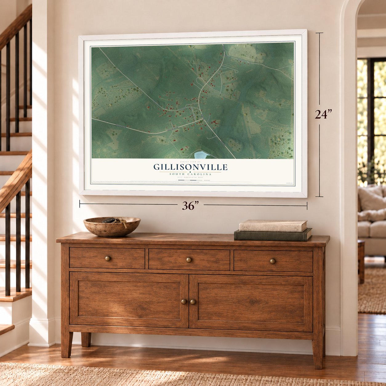 Gillisonville, South Carolina map, 24 x 36 inch print in a white frame above a dresser by a staircase