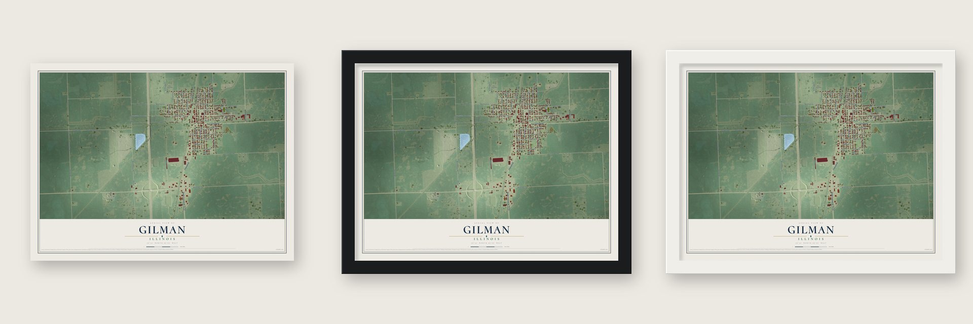 Gilman, Illinois map unframed, in a black wood frame and in a white wood frame