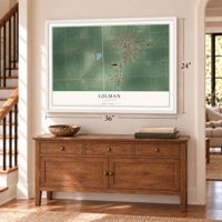 Gilman, Illinois map, 24 x 36 inch print in a white frame above a dresser by a staircase