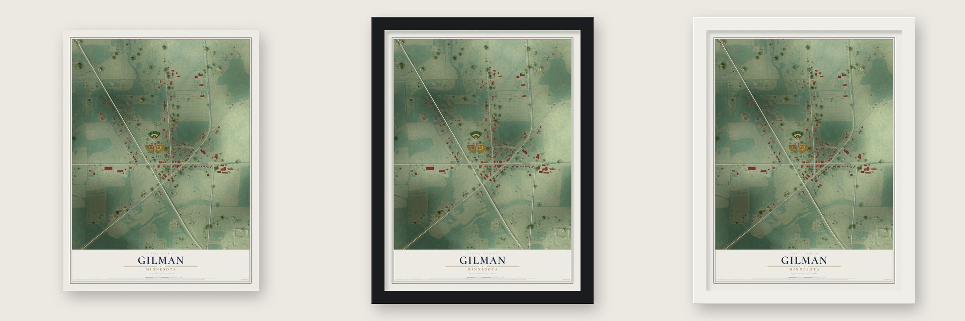 Gilman, Minnesota map unframed, in a black wood frame and in a white wood frame