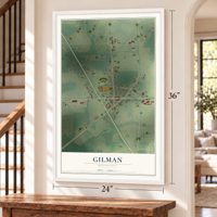 Gilman, Minnesota map, 24 x 36 inch print in a white frame by a staircase
