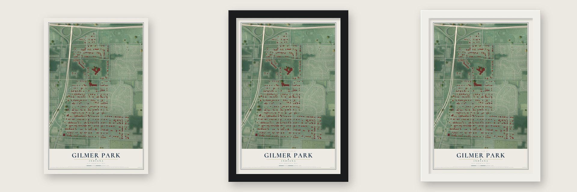 Gilmer Park, Indiana map unframed, in a black wood frame and in a white wood frame