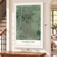Gilmer Park, Indiana map, 24 x 36 inch print in a white frame by a staircase