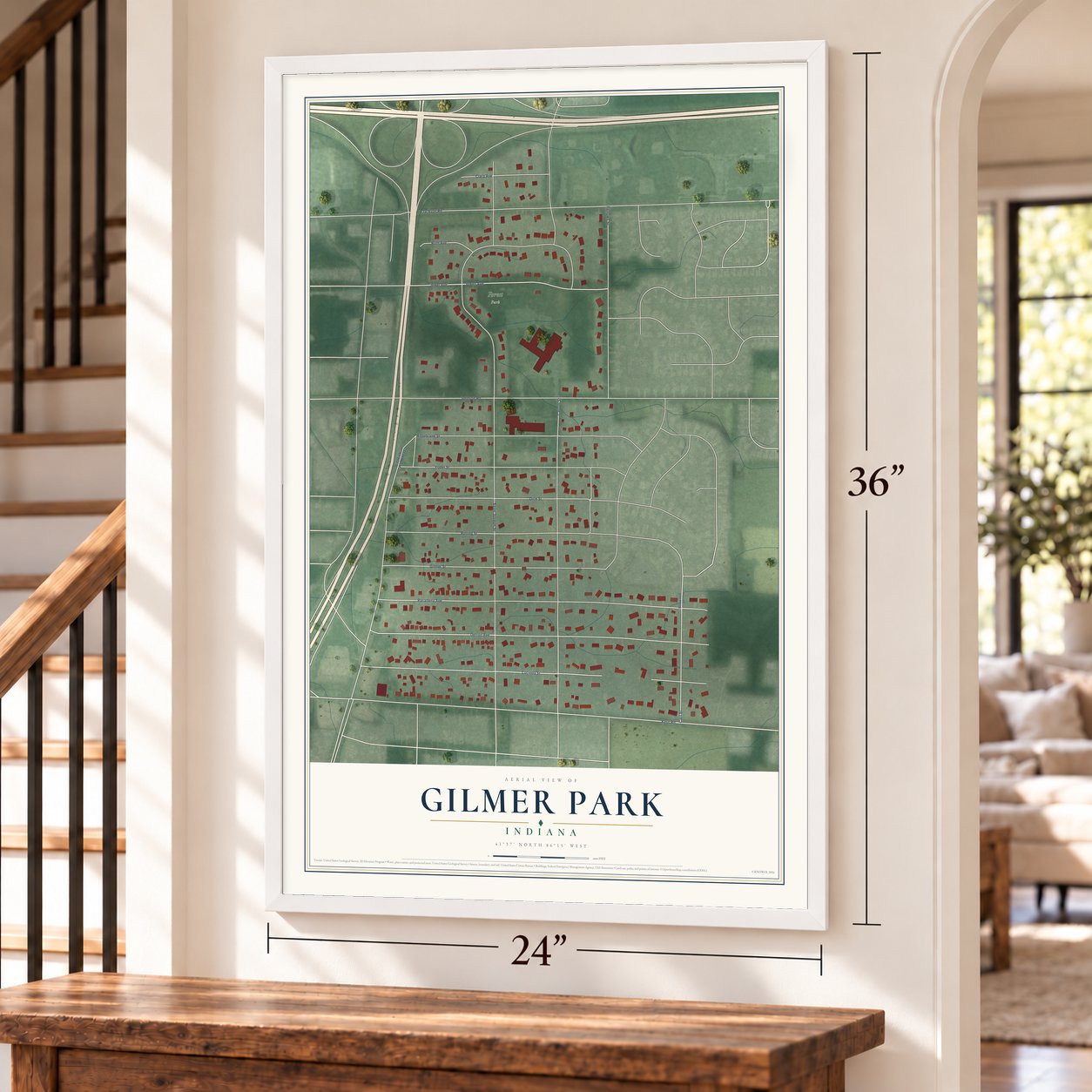 Gilmer Park, Indiana map, 24 x 36 inch print in a white frame by a staircase