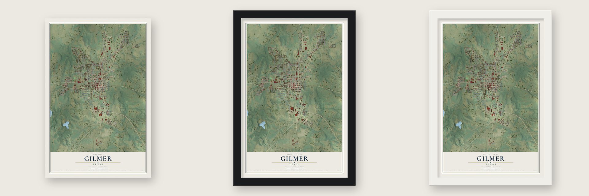 Gilmer, Texas map unframed, in a black wood frame and in a white wood frame