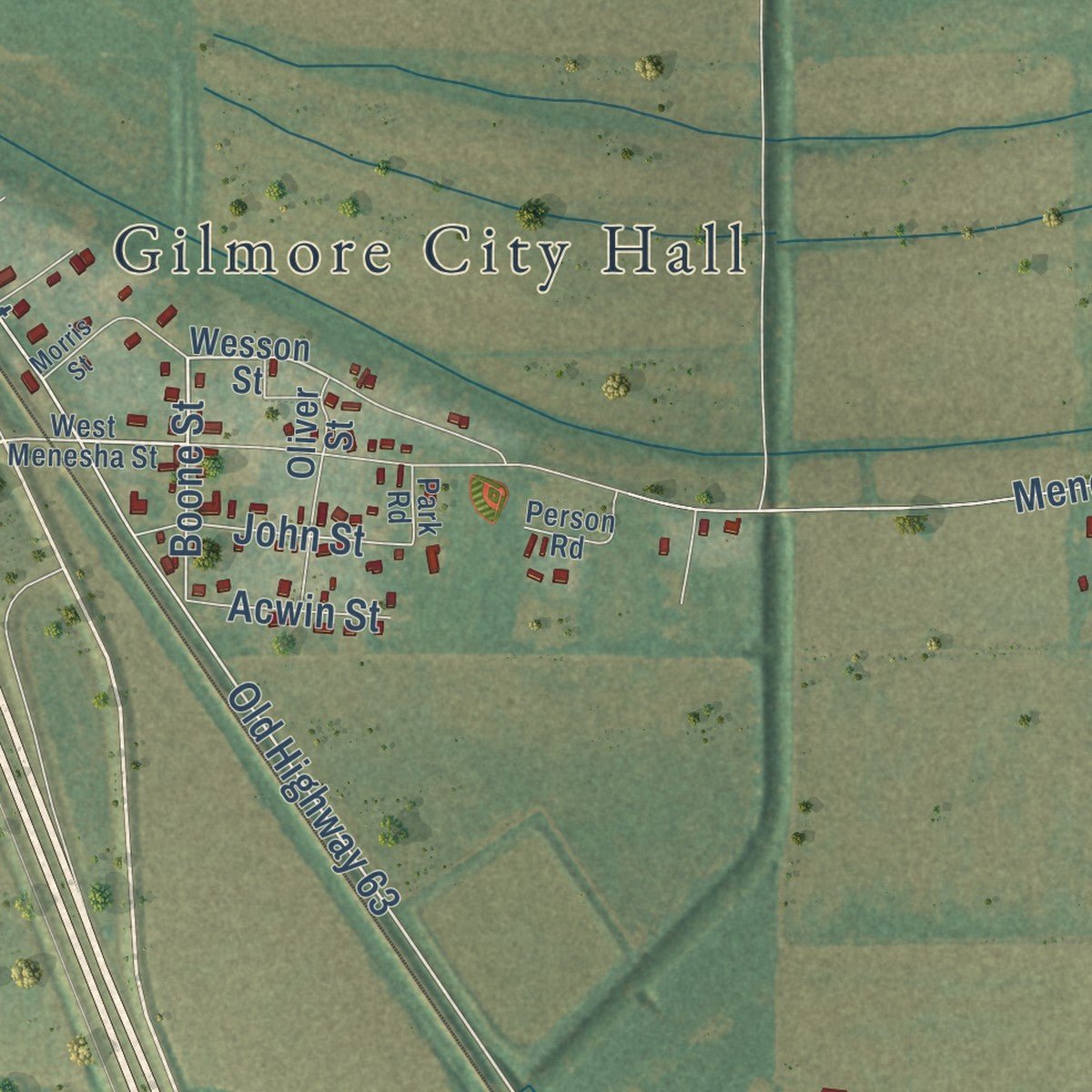 Second close-up of the map of Gilmore, Arkansas print showing more streets and buildings
