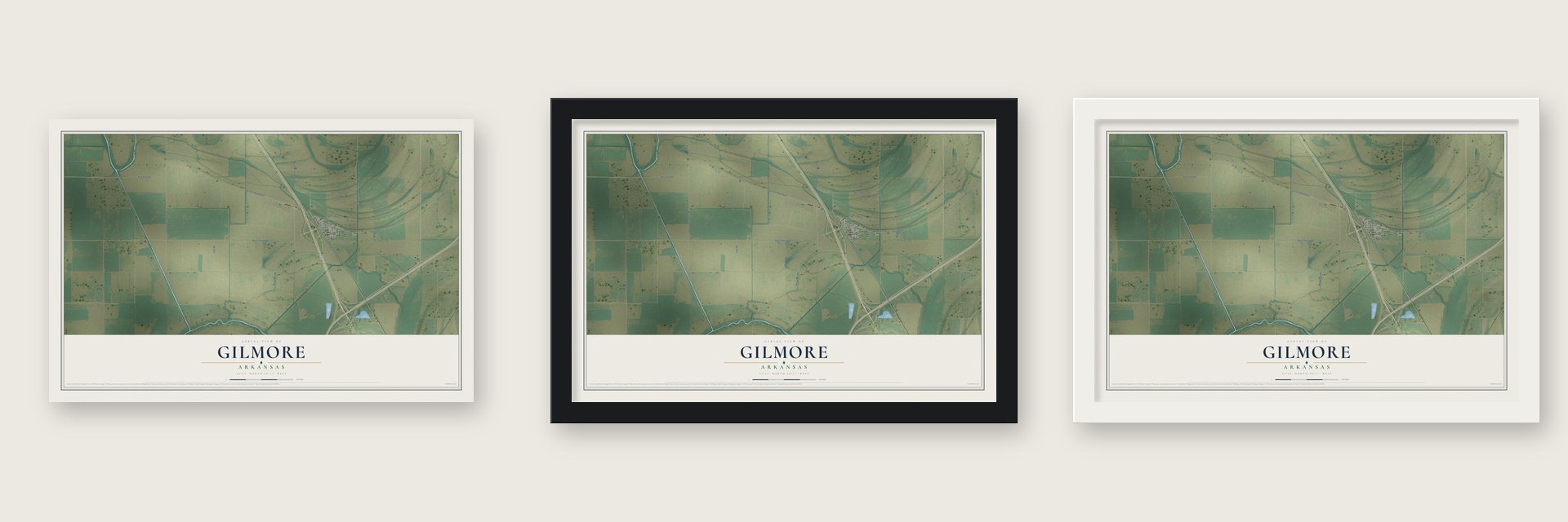 Gilmore, Arkansas map unframed, in a black wood frame and in a white wood frame