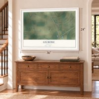 Gilmore, Arkansas map, 24 x 36 inch print in a white frame above a dresser by a staircase