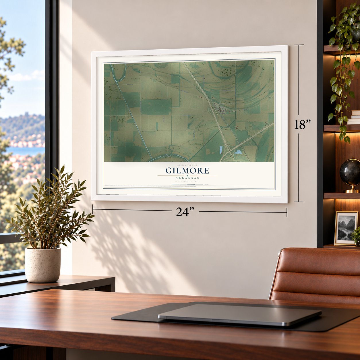 Gilmore, Arkansas map, 18 x 24 inch print in a white frame in a home office
