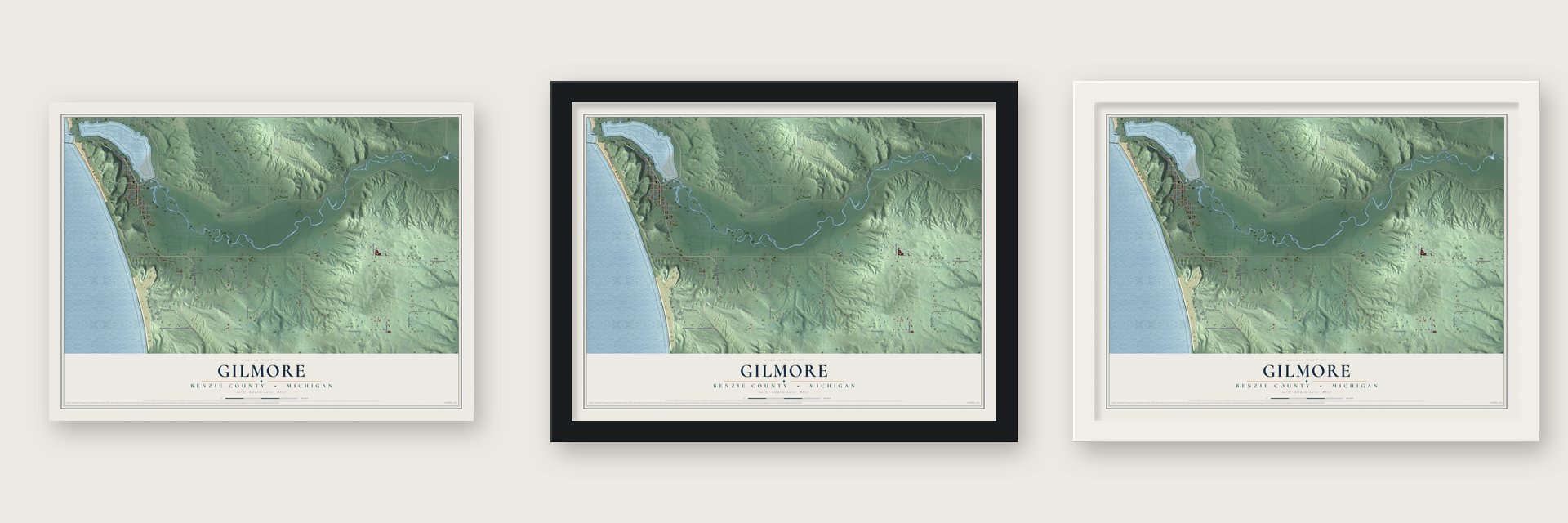 Gilmore, Benzie County, Michigan map unframed, in a black wood frame and in a white wood frame