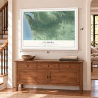 Gilmore, Benzie County, Michigan map, 24 x 36 inch print in a white frame above a dresser by a staircase
