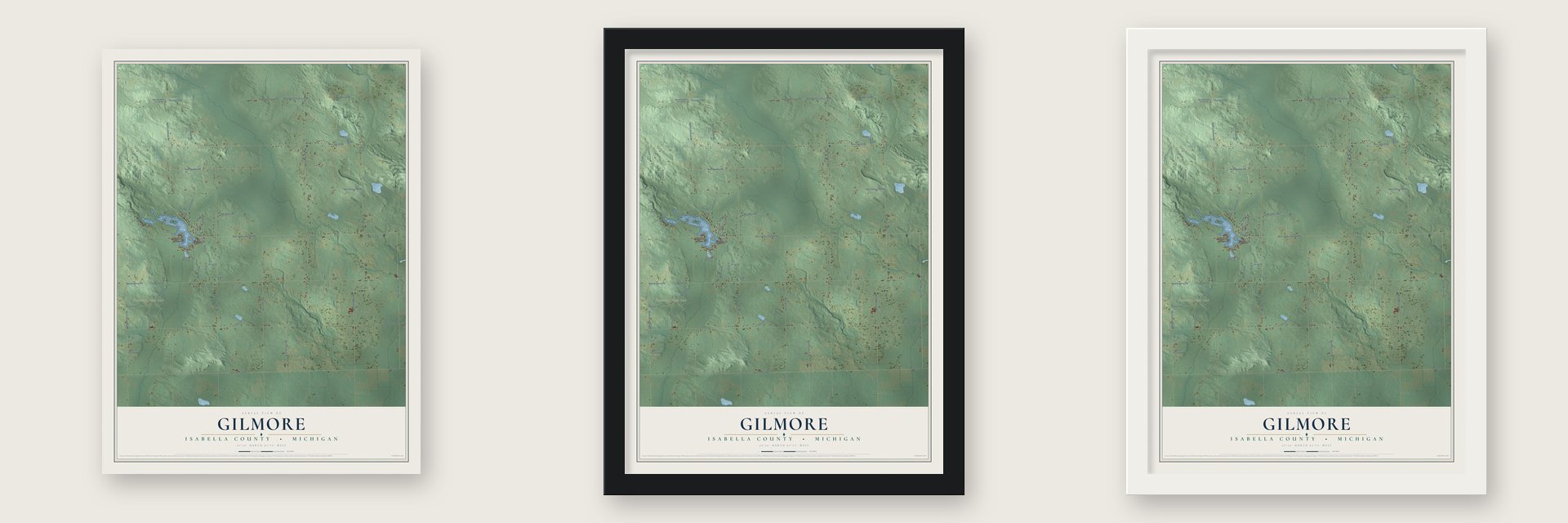 Gilmore, Isabella County, Michigan map unframed, in a black wood frame and in a white wood frame
