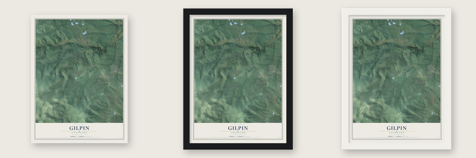 Gilpin, Colorado map unframed, in a black wood frame and in a white wood frame