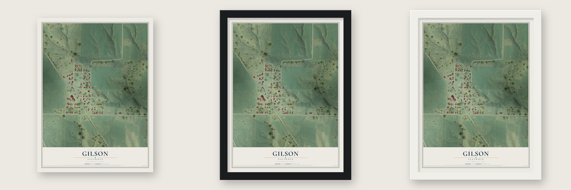 Gilson, Illinois map unframed, in a black wood frame and in a white wood frame