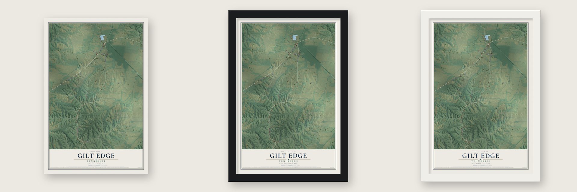 Gilt Edge, Tennessee map unframed, in a black wood frame and in a white wood frame