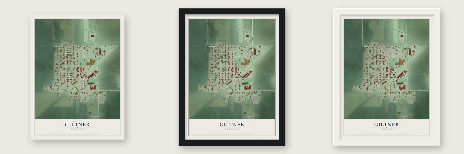 Giltner, Nebraska map unframed, in a black wood frame and in a white wood frame