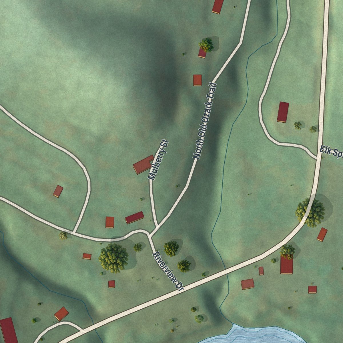 Second close-up of the map of Ginger Blue, Missouri print showing more streets and buildings