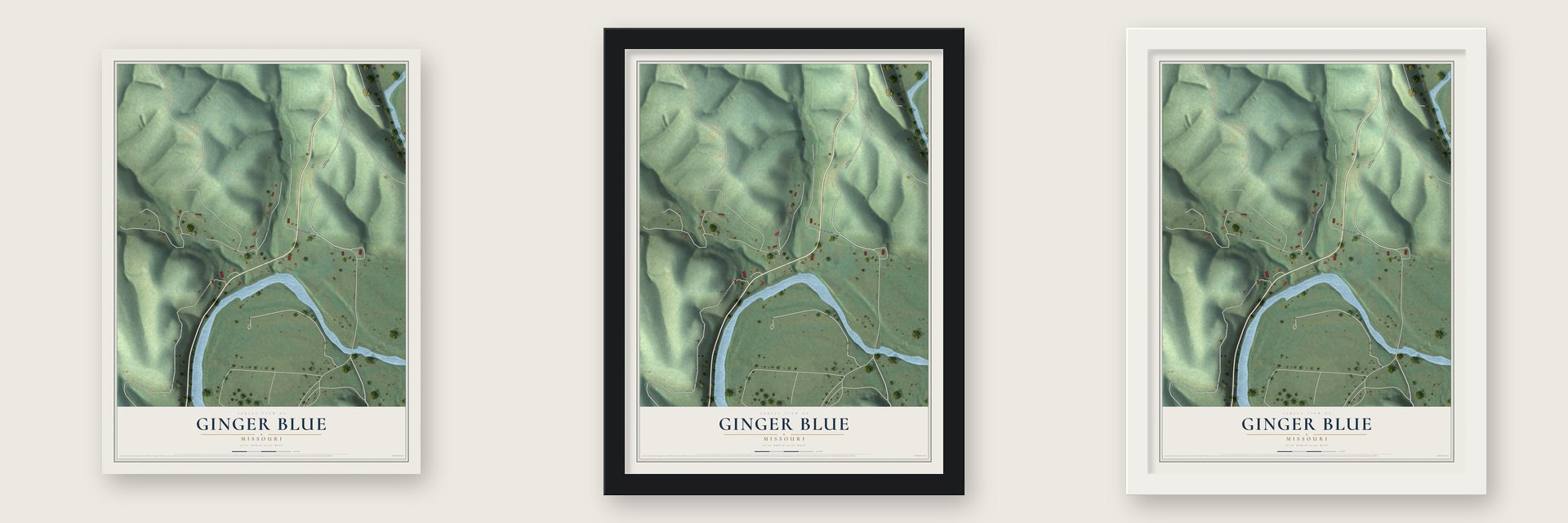 Ginger Blue, Missouri map unframed, in a black wood frame and in a white wood frame
