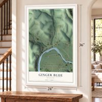 Ginger Blue, Missouri map, 24 x 36 inch print in a white frame by a staircase