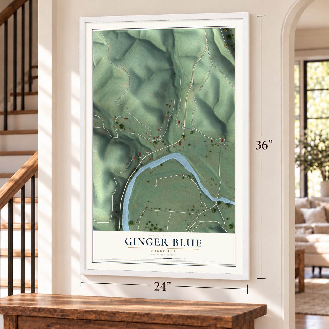 Ginger Blue, Missouri map, 24 x 36 inch print in a white frame by a staircase